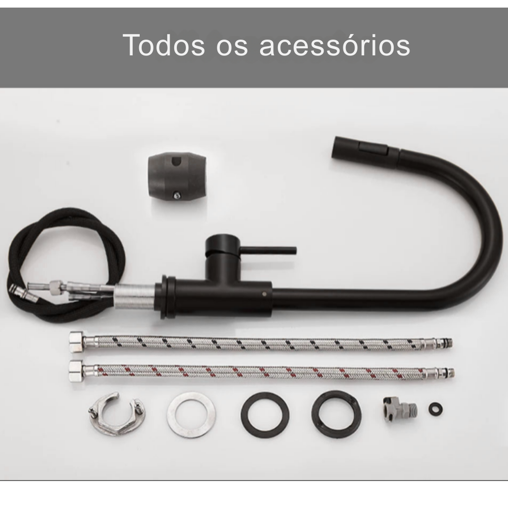 Torneira de Cozinha Preta Misturadora – Água Quente e Fria, Bica Giratória com 2 Funções | Elizium Store