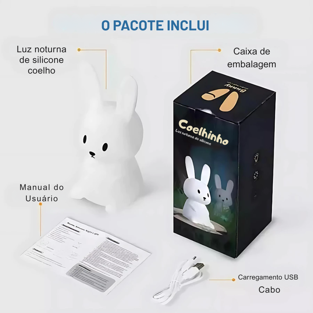 Mini Luminária Coelho Fofo – Abajur LED de Silicone Touch Recarregável para Quarto e Decoração | Elizium Store