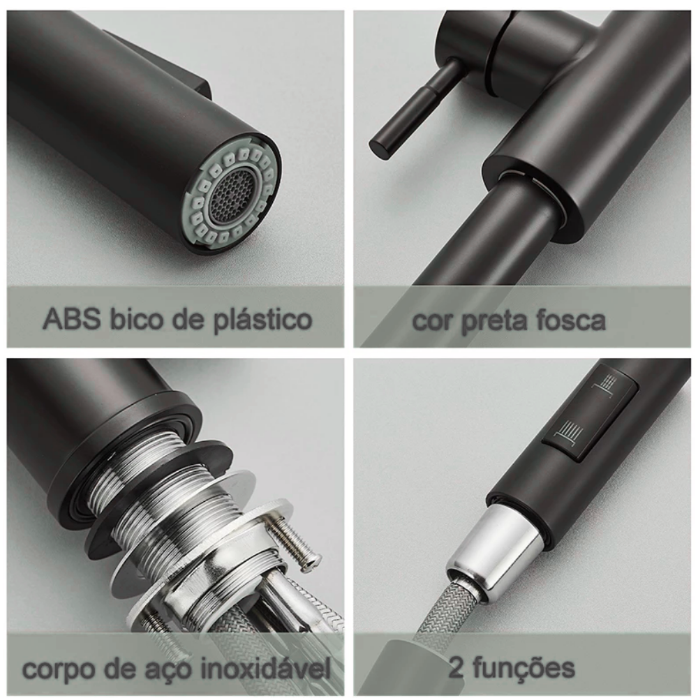 Torneira de Cozinha Preta Misturadora – Água Quente e Fria, Bica Giratória com 2 Funções | Elizium Store