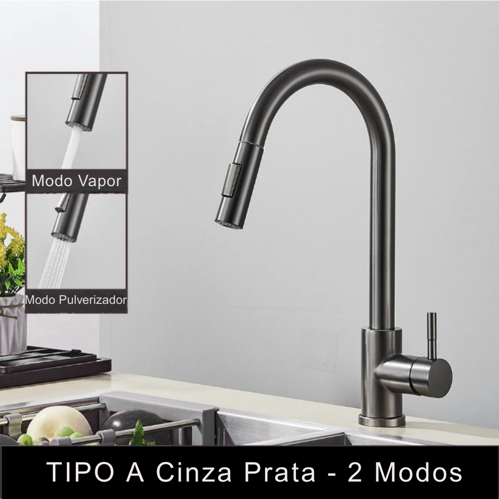 Torneira de Cozinha Preta Misturadora – Água Quente e Fria, Bica Giratória com 2 Funções | Elizium Store