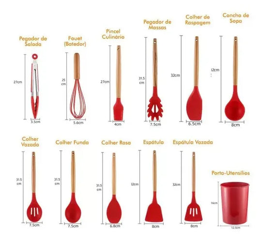 Kit Jogo 12 Utensílios de Cozinha Silicone Antiaderente – Colheres e Espátulas Resistentes ao Calor, Livre de BPA com Suporte | Elizium Store