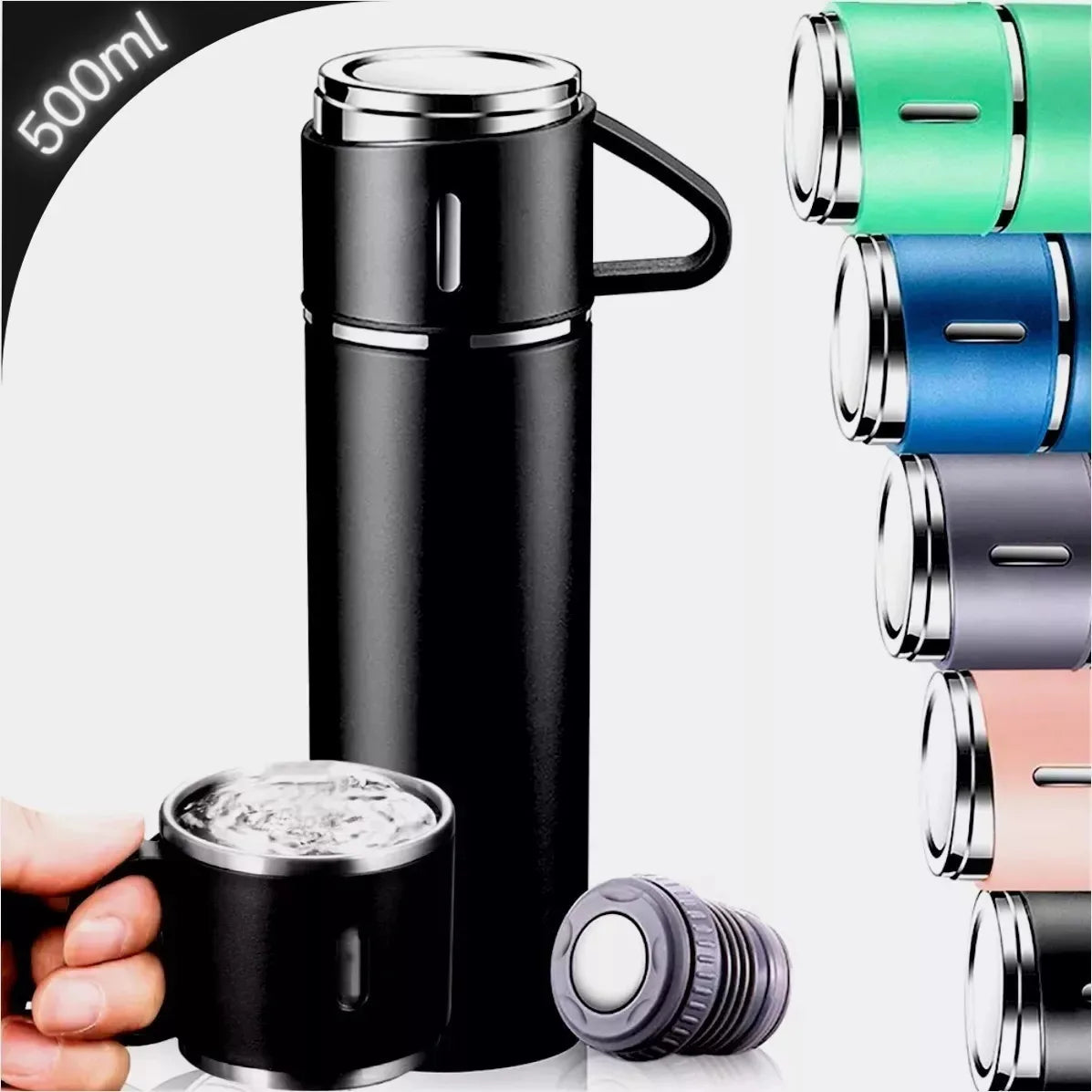 Garrafa Térmica Portátil 500ml com 3 Xícaras – Aço Inox a Vácuo, Mantém Café e Chá Quentes por Horas, Várias Cores | Elizium Store