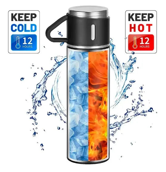 Garrafa Térmica Portátil 500ml com 3 Xícaras – Aço Inox a Vácuo, Mantém Café e Chá Quentes por Horas, Várias Cores | Elizium Store