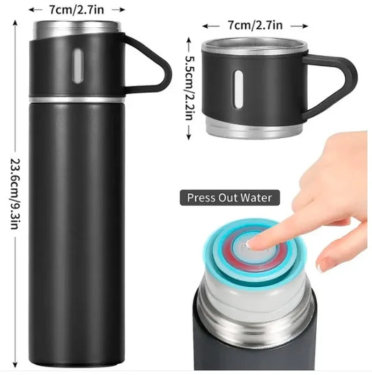 Garrafa Térmica Portátil 500ml com 3 Xícaras – Aço Inox a Vácuo, Mantém Café e Chá Quentes por Horas, Várias Cores | Elizium Store