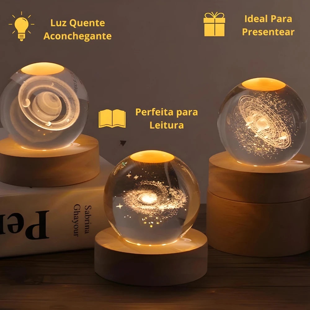 Luminária Cristal LED Planeta Terra, Lua, Galáxia e Sistema Solar com Base de Madeira | Elizium Store