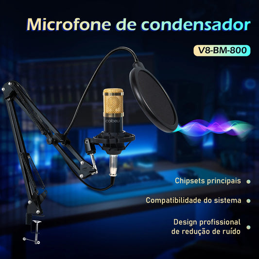 Kit Microfone Condensador com Placa de Som e Braço Articulado e Pop Filter para Transmissão ao Vivo | Elizium Store