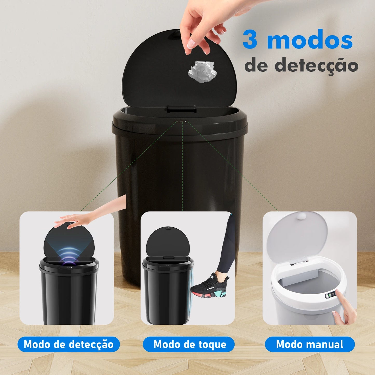 Lixeira Inteligente com Sensor Automático – Toque sem Contato, Ideal para Cozinha e Sala | Elizium Store