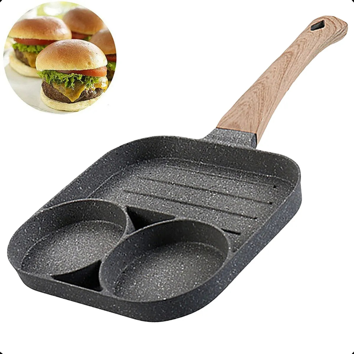 Frigideira Antiaderente Multiuso: Com 3 ou 4 Divisória, Fritar: Ovo/ Bacon/ Carne/ Frango/ Lanche. | Elizium Store