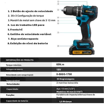 Furadeira Elétrica de Impacto Gisam  Sem Fio Compatível com Bateria Makita 18V | Elizium Store