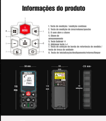 Fita Métrica a Laser Mileseey X5 S6 – Medidor de Distância Profissional, Trena Digital Telêmetro | Elizium Store