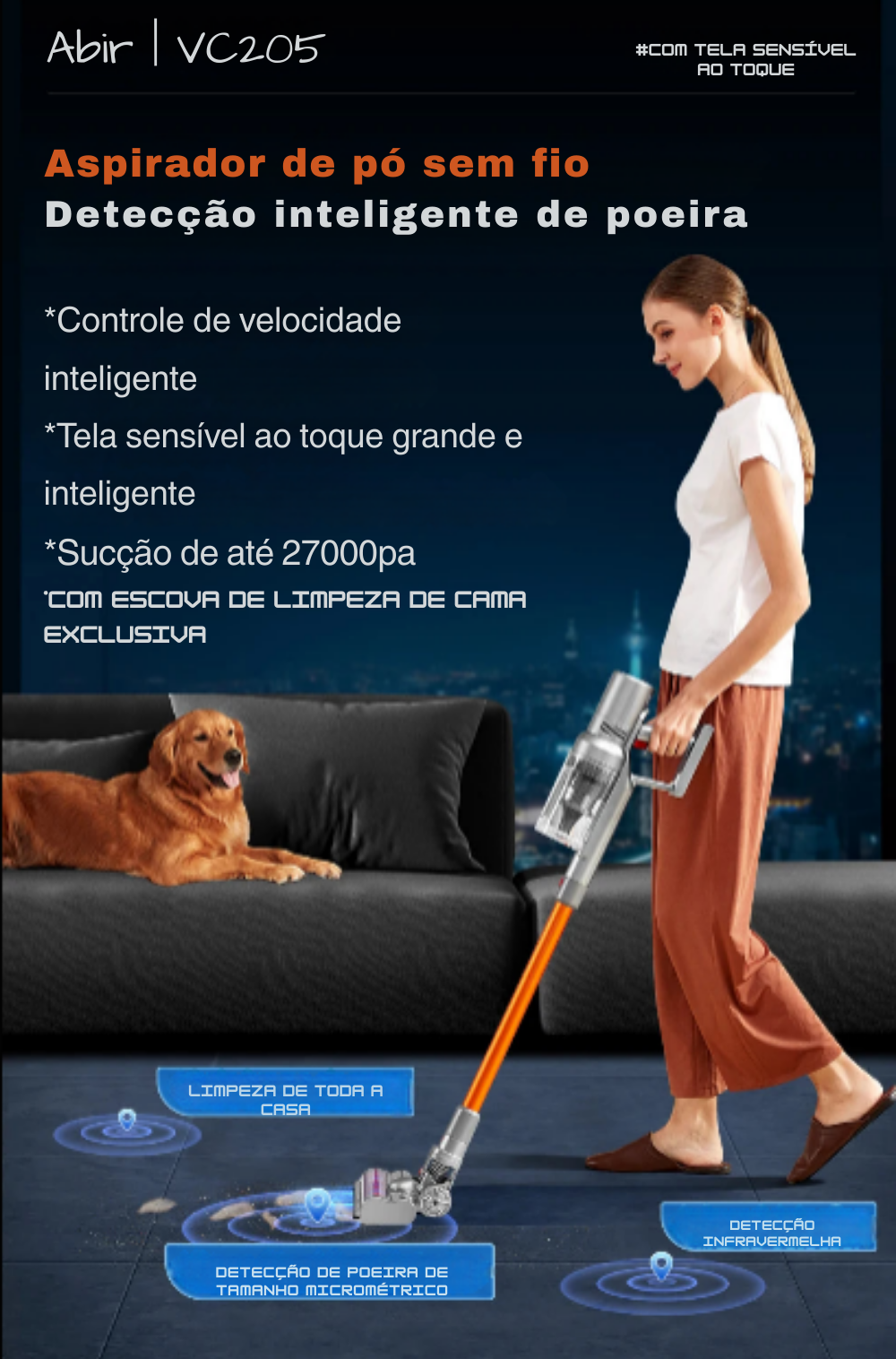 Aspirador de Pó Portátil Sem Fio ABIR VC205 – 27000PA, Sensor Inteligente de Poeira, Tela Touch e Controle Automático | Elizium Store