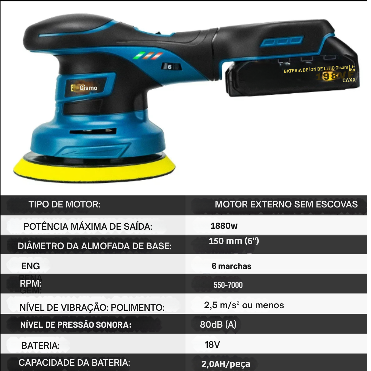 Polidor Sem Fio Gisam 7000RPM 6 Velocidades Compatível com Bateria Makita | Elizium Store