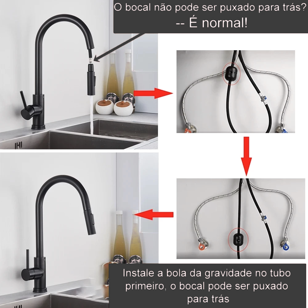 Torneira de Cozinha Preta Misturadora – Água Quente e Fria, Bica Giratória com 2 Funções | Elizium Store