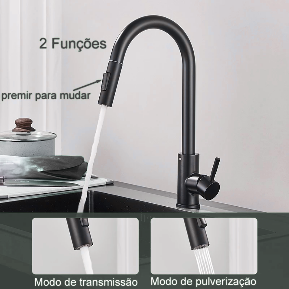 Torneira de Cozinha Preta Misturadora – Água Quente e Fria, Bica Giratória com 2 Funções | Elizium Store
