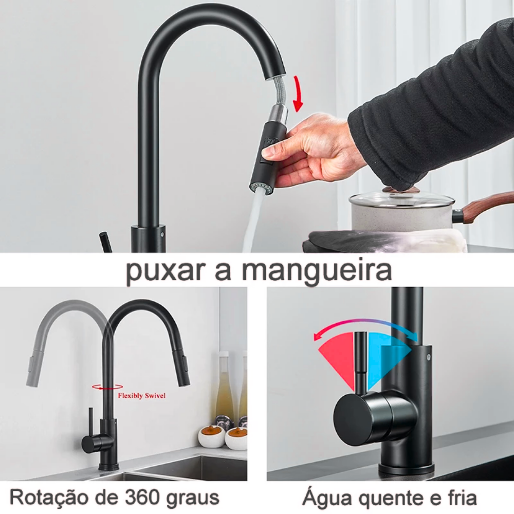 Torneira de Cozinha Preta Misturadora – Água Quente e Fria, Bica Giratória com 2 Funções | Elizium Store