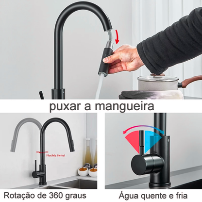 Torneira de Cozinha Preta Misturadora – Água Quente e Fria, Bica Giratória com 2 Funções | Elizium Store