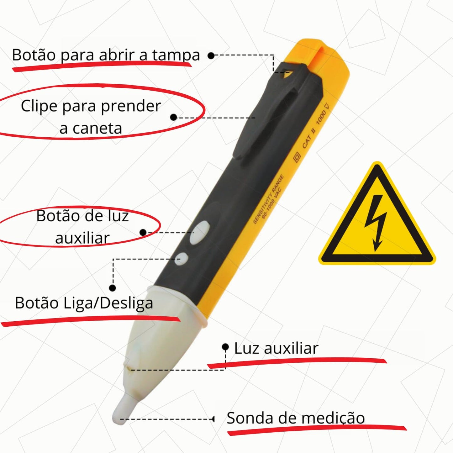 Caneta Detectora de Voltagem Elétrica 90V-1000V CA com Alerta Sonoro e Visual | Elizium Store