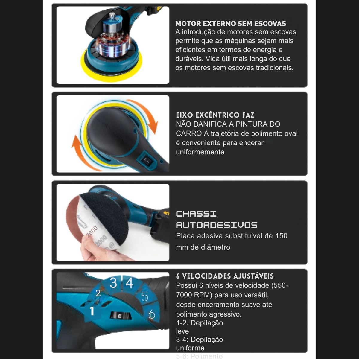 Polidor Sem Fio Gisam 7000RPM 6 Velocidades Compatível com Bateria Makita | Elizium Store