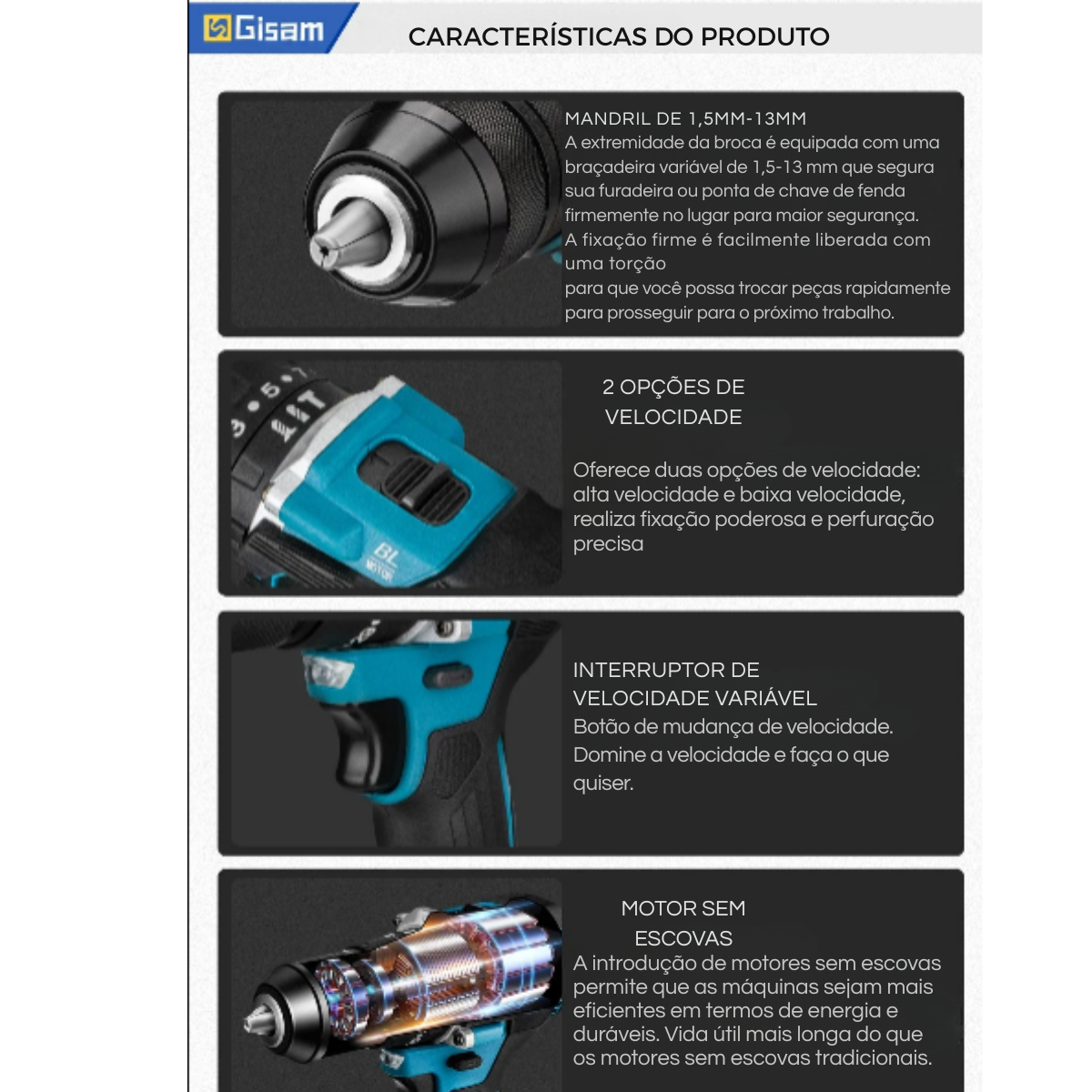 Furadeira Elétrica de Impacto Gisam  Sem Fio Compatível com Bateria Makita 18V | Elizium Store