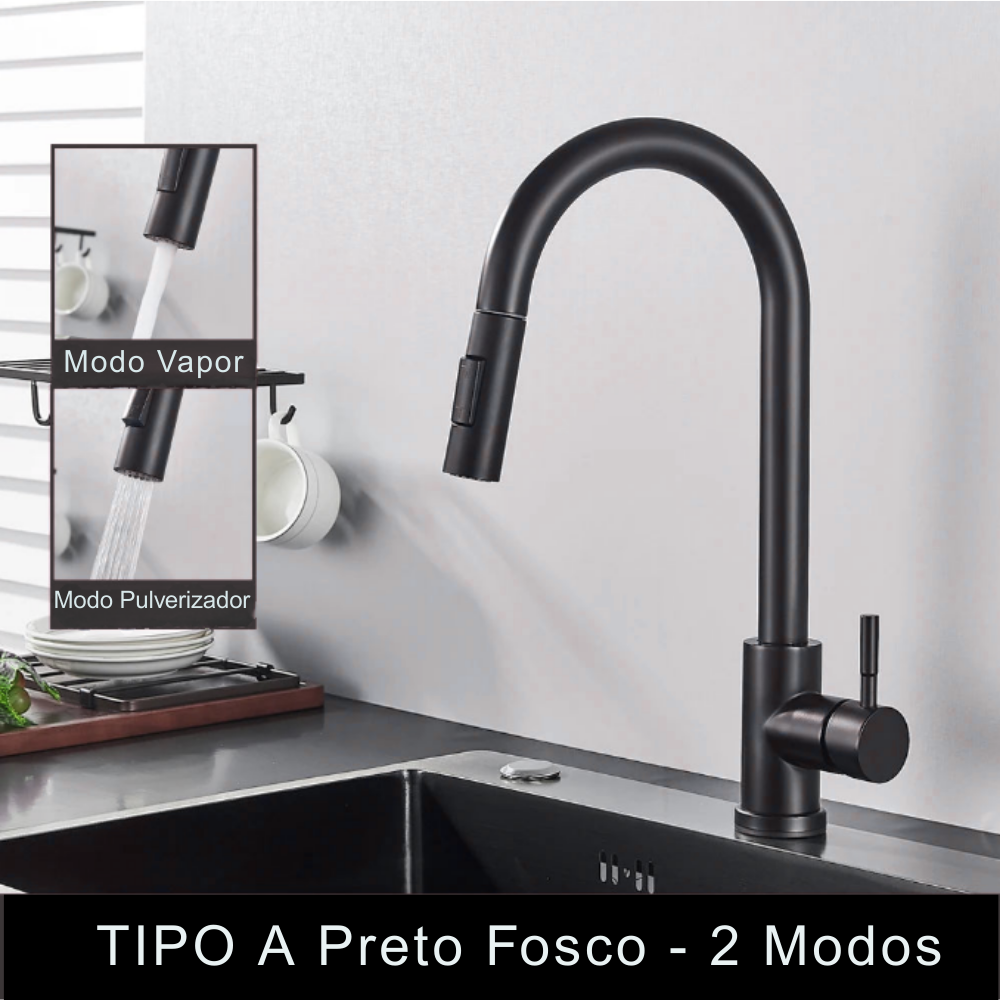 Torneira de Cozinha Preta Misturadora – Água Quente e Fria, Bica Giratória com 2 Funções | Elizium Store