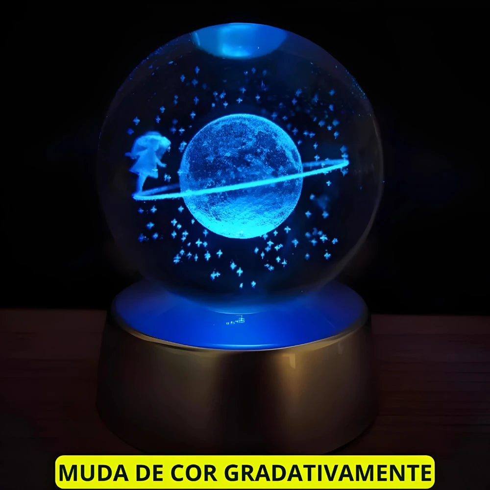 Luminária Cristal LED Planeta Terra, Lua, Galáxia e Sistema Solar com Base de Madeira | Elizium Store