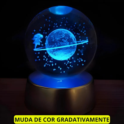 Luminária Cristal LED Planeta Terra, Lua, Galáxia e Sistema Solar com Base de Madeira | Elizium Store