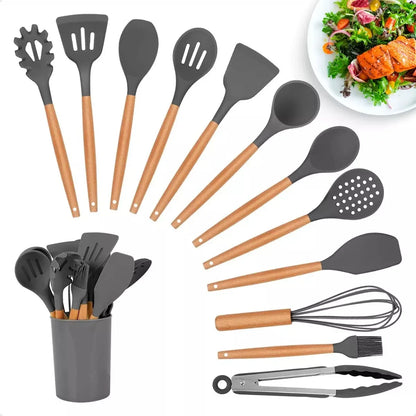 Kit Jogo 12 Utensílios de Cozinha Silicone Antiaderente – Colheres e Espátulas Resistentes ao Calor, Livre de BPA com Suporte | Elizium Store