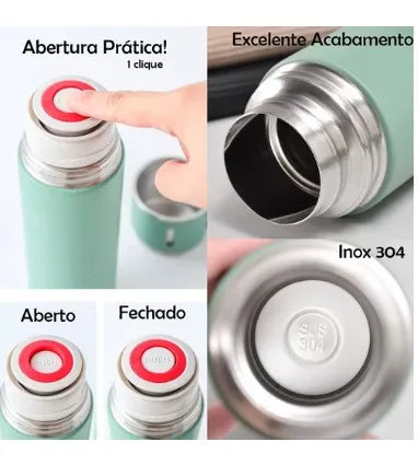 Garrafa Térmica Portátil 500ml com 3 Xícaras – Aço Inox a Vácuo, Mantém Café e Chá Quentes por Horas, Várias Cores | Elizium Store