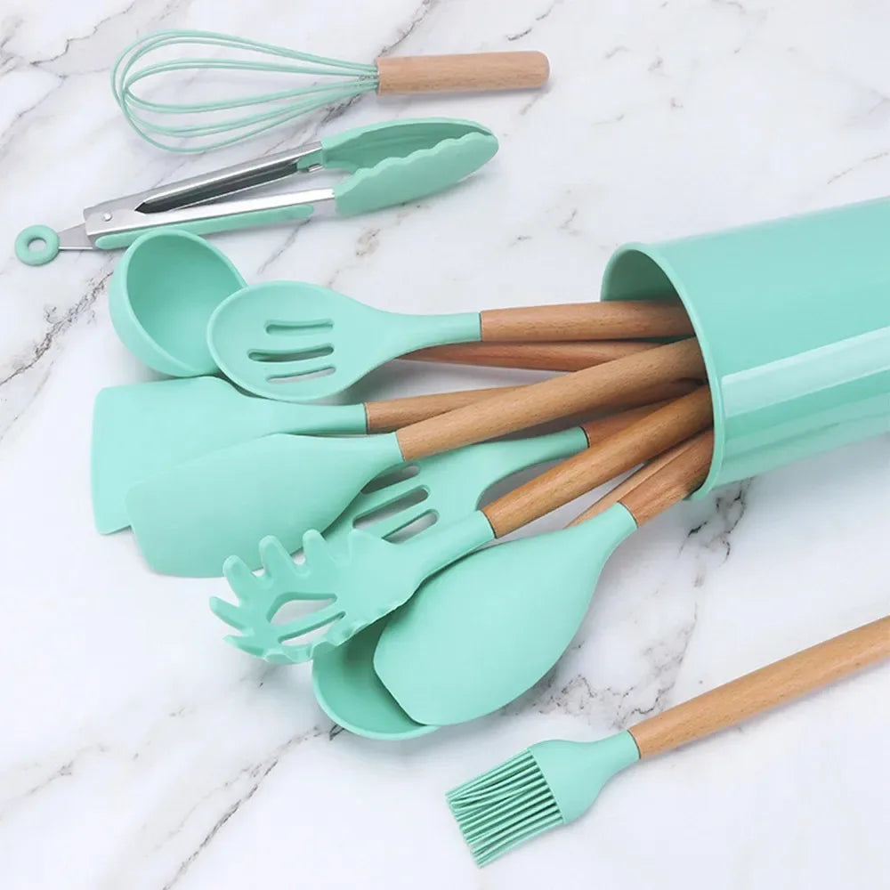 Kit Jogo 12 Utensílios de Cozinha Silicone Antiaderente – Colheres e Espátulas Resistentes ao Calor, Livre de BPA com Suporte | Elizium Store