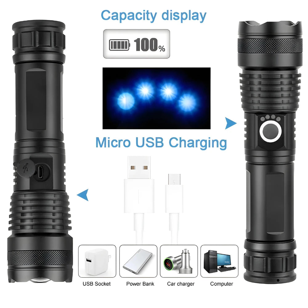 Lanterna Tática Militar Potente T9 Recarregável Resistente à Água para Camping, Sítio e Segurança | Elizium Store