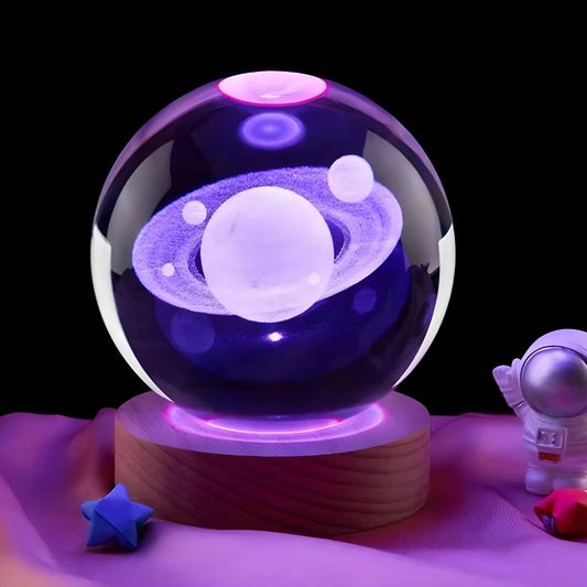 Luminária Cristal LED Planeta Terra, Lua, Galáxia e Sistema Solar com Base de Madeira | Elizium Store