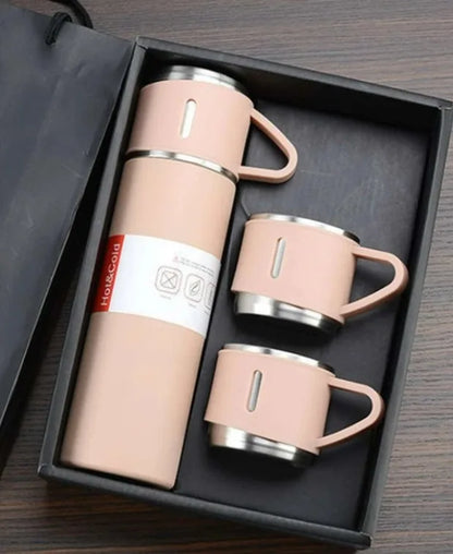 Garrafa Térmica Portátil 500ml com 3 Xícaras – Aço Inox a Vácuo, Mantém Café e Chá Quentes por Horas, Várias Cores | Elizium Store