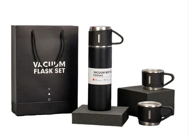 Garrafa Térmica Portátil 500ml com 3 Xícaras – Aço Inox a Vácuo, Mantém Café e Chá Quentes por Horas, Várias Cores | Elizium Store