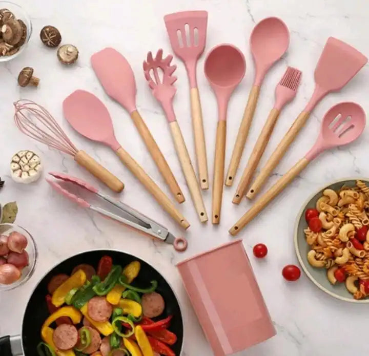 Kit Jogo 12 Utensílios de Cozinha Silicone Antiaderente – Colheres e Espátulas Resistentes ao Calor, Livre de BPA com Suporte | Elizium Store
