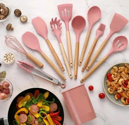 Kit Jogo 12 Utensílios de Cozinha Silicone Antiaderente – Colheres e Espátulas Resistentes ao Calor, Livre de BPA com Suporte | Elizium Store