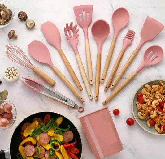 Kit Jogo 12 Utensílios de Cozinha Silicone Antiaderente – Colheres e Espátulas Resistentes ao Calor, Livre de BPA com Suporte | Elizium Store