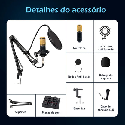 Kit Microfone Condensador com Placa de Som e Braço Articulado e Pop Filter para Transmissão ao Vivo | Elizium Store