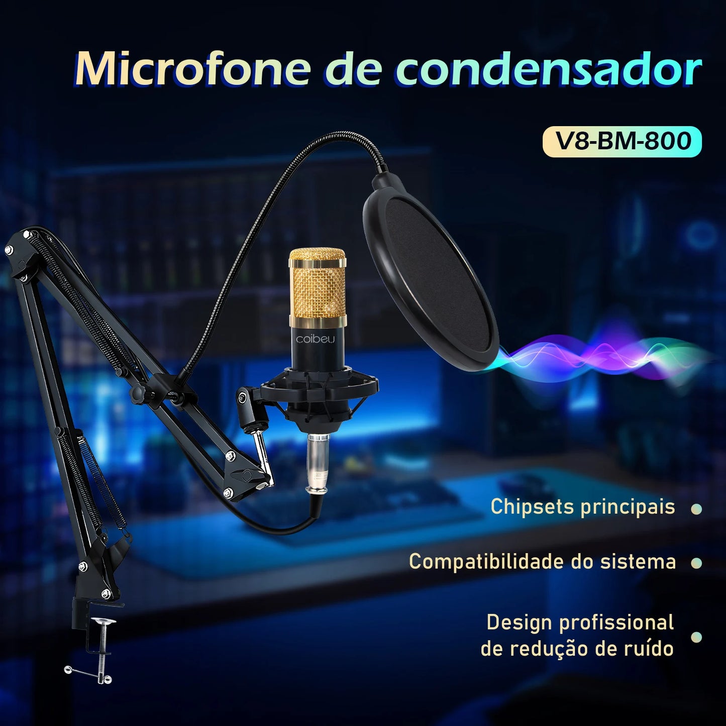 Kit Microfone Condensador com Placa de Som e Braço Articulado e Pop Filter para Transmissão ao Vivo | Elizium Store