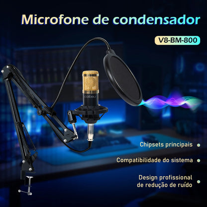 Kit Microfone Condensador com Placa de Som e Braço Articulado e Pop Filter para Transmissão ao Vivo | Elizium Store