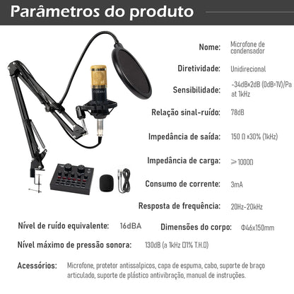 Kit Microfone Condensador com Placa de Som e Braço Articulado e Pop Filter para Transmissão ao Vivo | Elizium Store