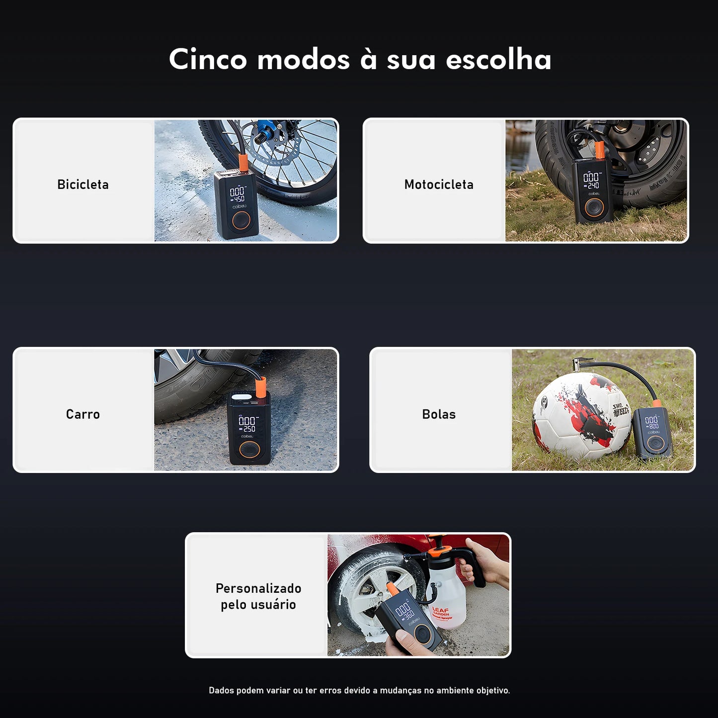 Bomba de Ar Portátil Sem Fio 60W – Recarregável Tipo-C, 1800mAh*2, LED, 5 Modos Inteligentes (Carro, Moto, Bike)  | Elizium Store