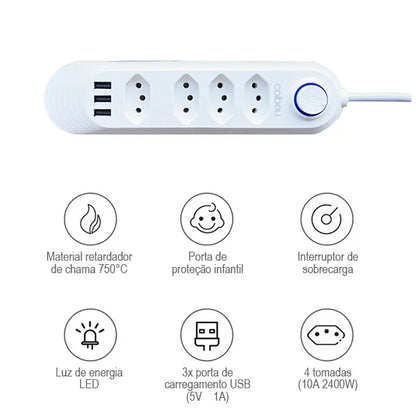 Tomadas com USB – Extensão 2M, Filtro de Linha e Design Moderno | Elizium Store