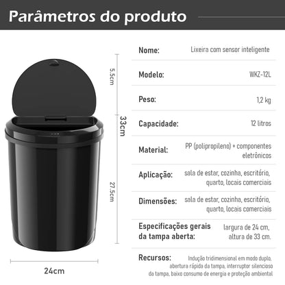 Lixeira Inteligente com Sensor Automático – Toque sem Contato, Ideal para Cozinha e Sala | Elizium Store