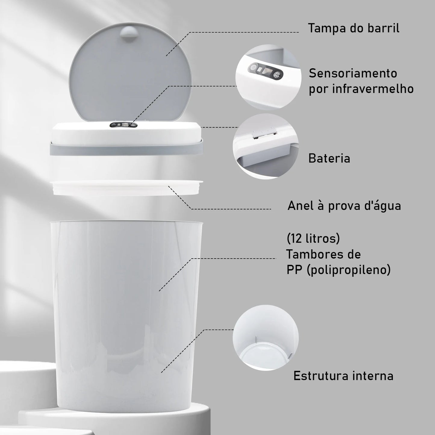 Lixeira Inteligente com Sensor Automático – Toque sem Contato, Ideal para Cozinha e Sala | Elizium Store