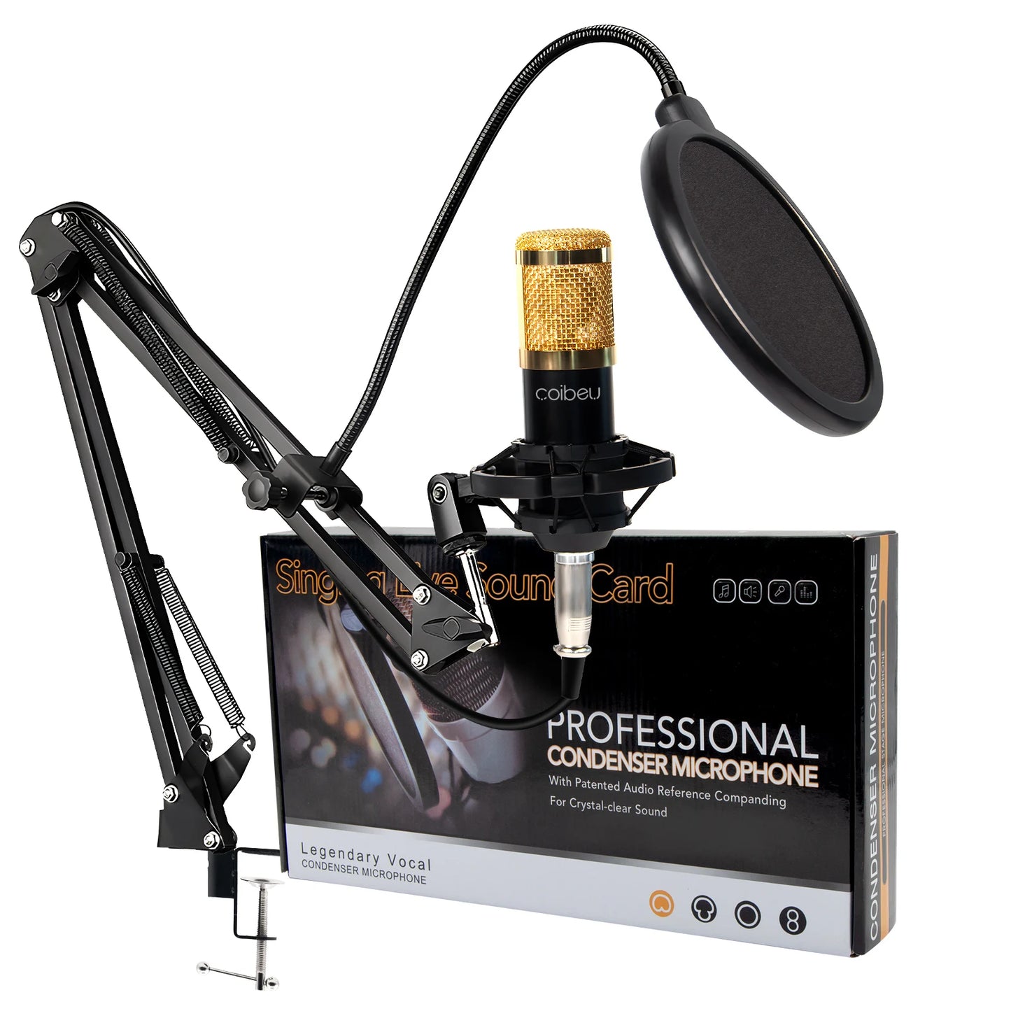 Kit Microfone Condensador com Placa de Som e Braço Articulado e Pop Filter para Transmissão ao Vivo | Elizium Store