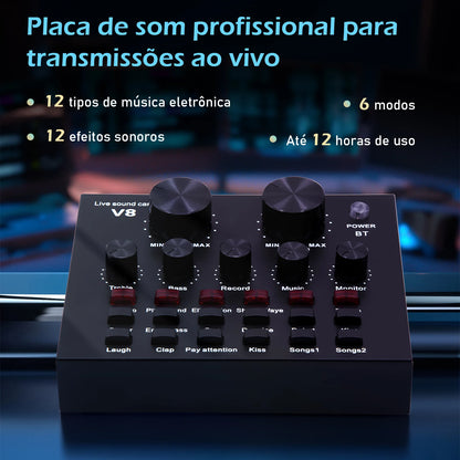 Kit Microfone Condensador com Placa de Som e Braço Articulado e Pop Filter para Transmissão ao Vivo | Elizium Store