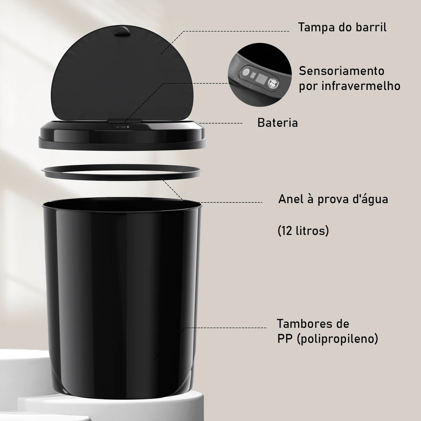 Lixeira Inteligente com Sensor Automático – Toque sem Contato, Ideal para Cozinha e Sala | Elizium Store
