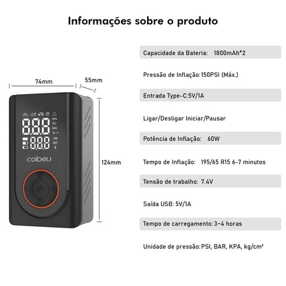 Bomba de Ar Portátil Sem Fio 60W – Recarregável Tipo-C, 1800mAh*2, LED, 5 Modos Inteligentes (Carro, Moto, Bike)  | Elizium Store