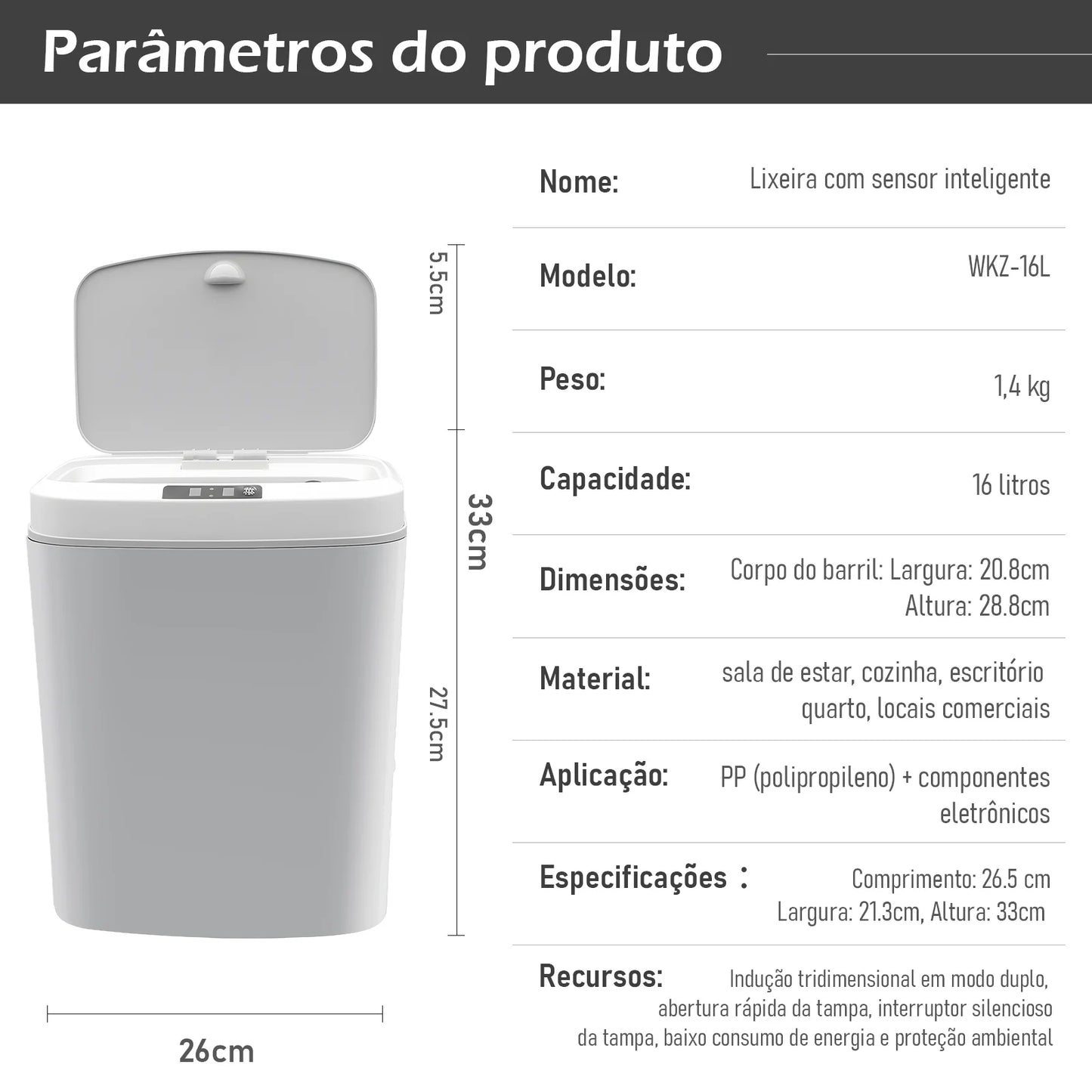 Lixeira Inteligente com Sensor Automático – Toque sem Contato, Ideal para Cozinha e Sala | Elizium Store