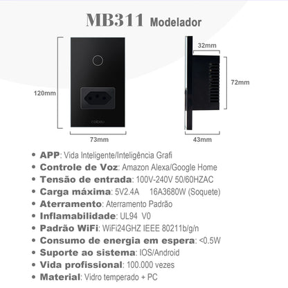 Tomada e Interruptor Inteligente Wi-Fi Tuya com Controle Alexa – Painel Touch, Plugue USB, Extensível e Automação Completa  | Elizium Store